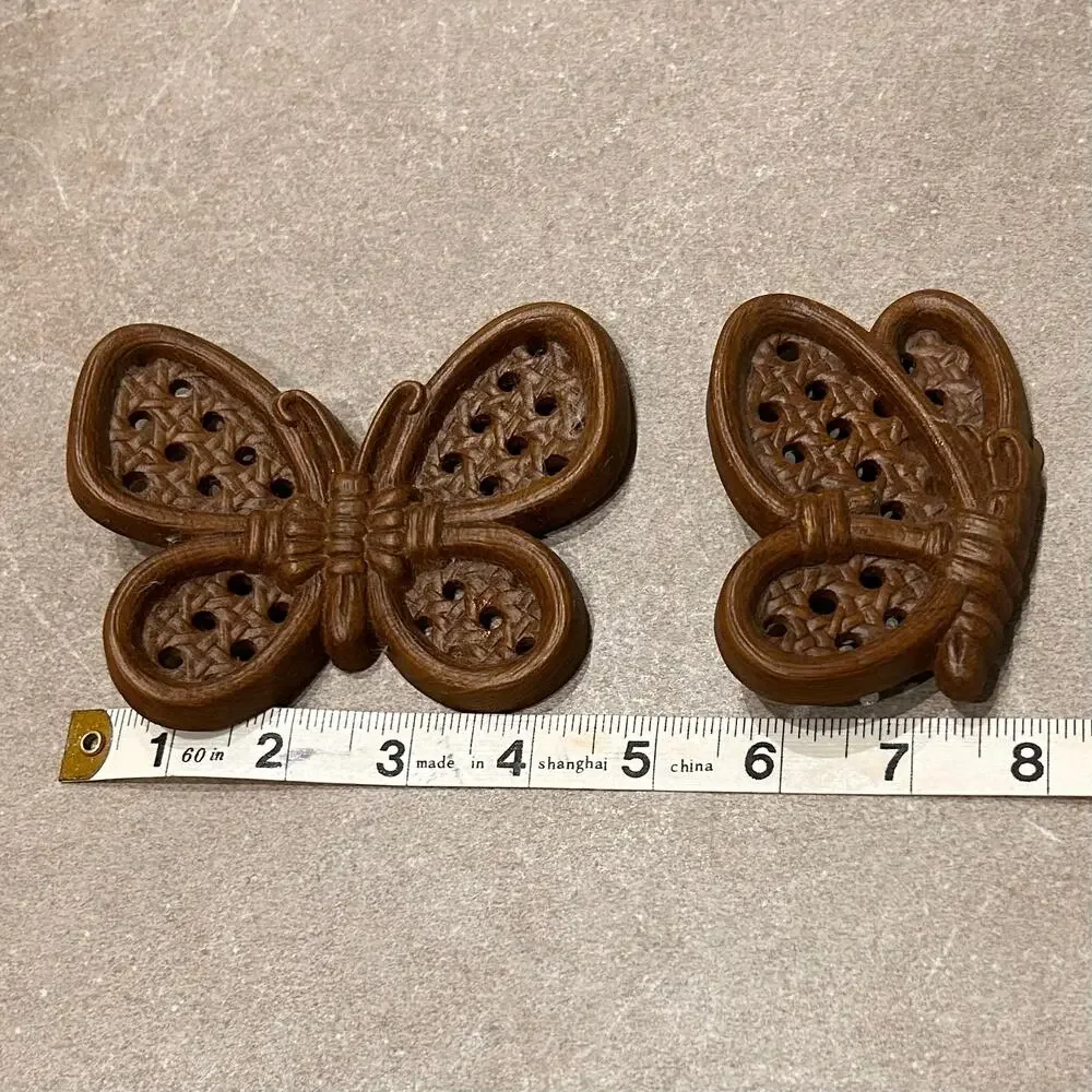 Vintage 70s Burwood Butterfly Wall Plaques Set 2 Faux Wicker Rattan Boho ^